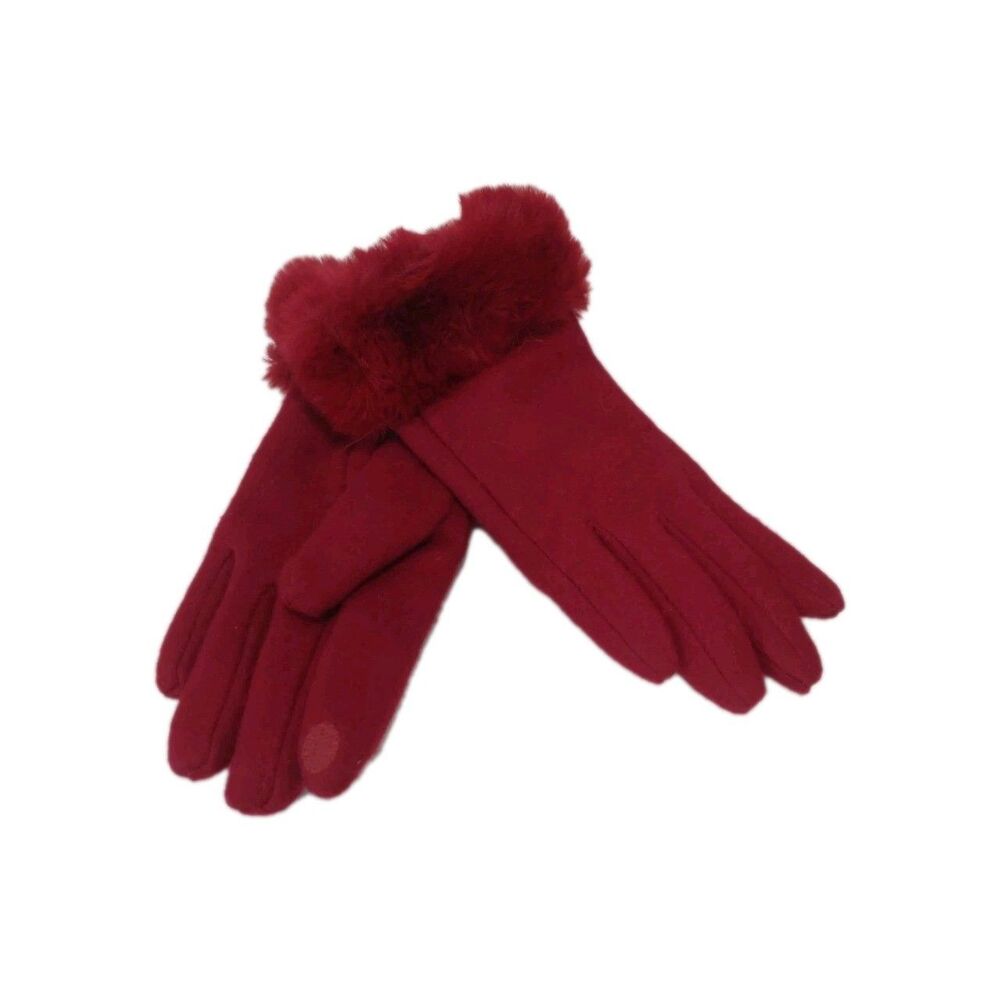 New Burgundy Faux Fur Trim Cashmere Gloves Smart Touch Finger Very Soft Lining